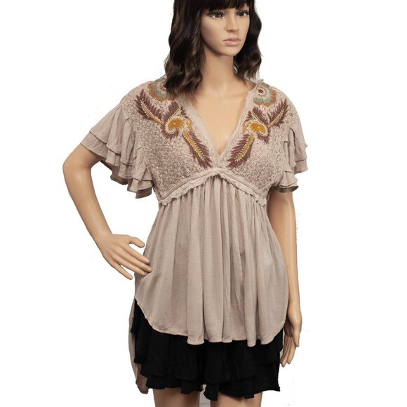 Free People Fiesta Sand Color Bohemian Style Small Tunic - Picture 2 of 8